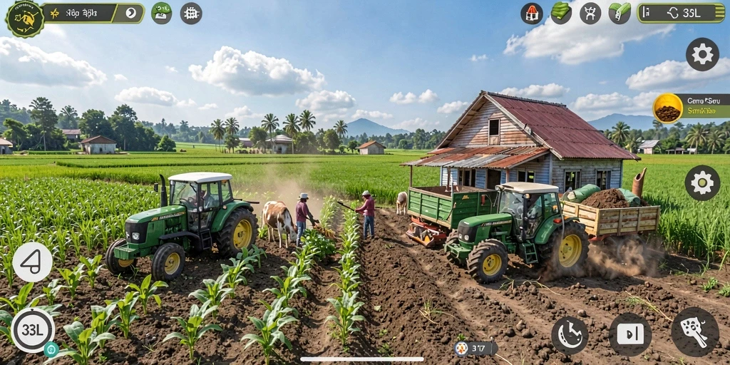 Tangkapan layar gameplay 33L menampilkan ladang yang subur dan hewan ternak yang bahagia.