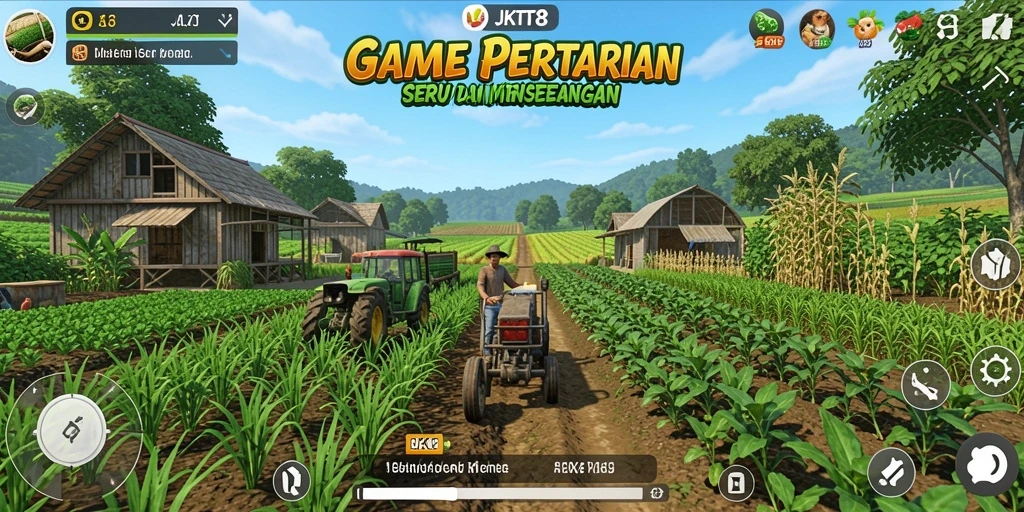 Tampilan gameplay JKT8 saat mengelola lahan pertanian dengan indah.
