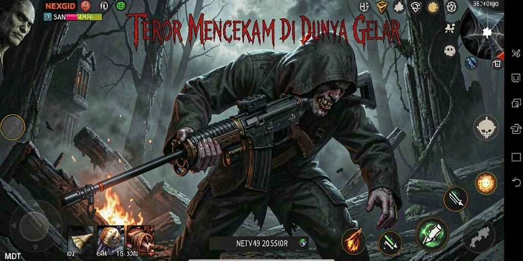 Screenshot dari gameplay NEXGID menampilkan suasana mencekam dan menakutkan.