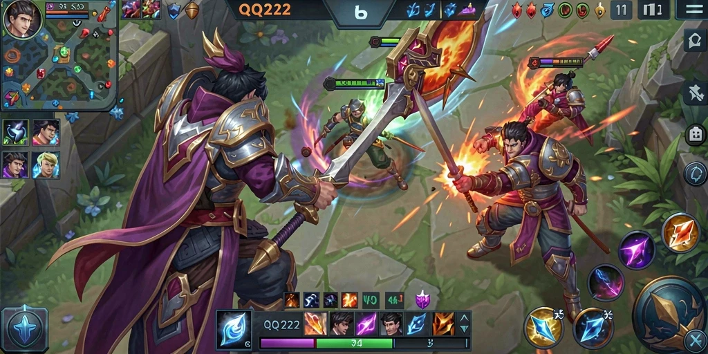 Tampilan gameplay menegangkan dengan aksi seru di arena MOBA.