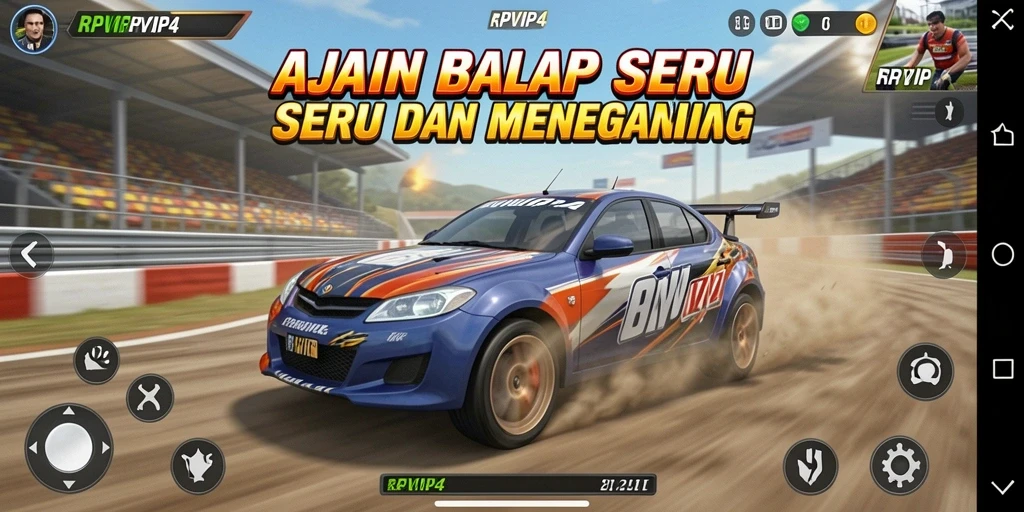 Tangkapan layar RPVIP4 menampilkan aksi balap yang mendebarkan dan mobil-mobil keren.