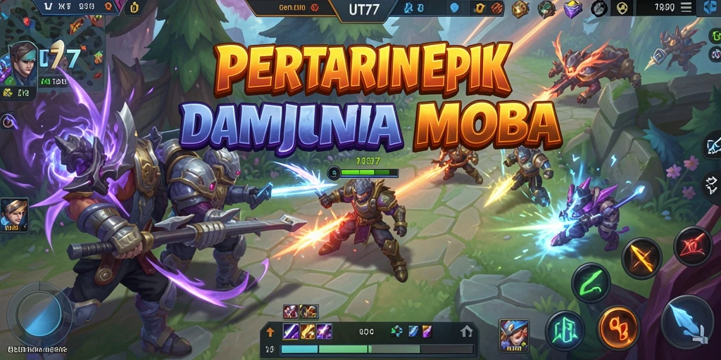 Tangkapan layar UT77 menampilkan aksi pertarungan MOBA yang intens.